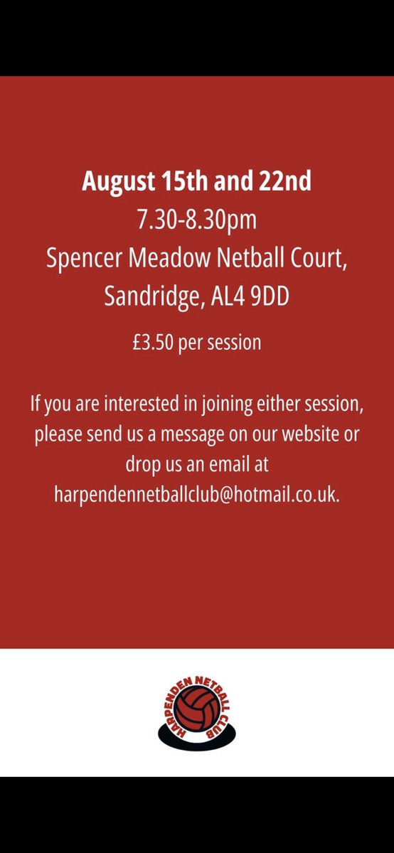 Come and join us on 15th and 22nd August 7.30-8.30pm for a 'Welcome to Netball' session! If you haven't played for a while or you are new to netball - do come along. Look forward to seeing you there!