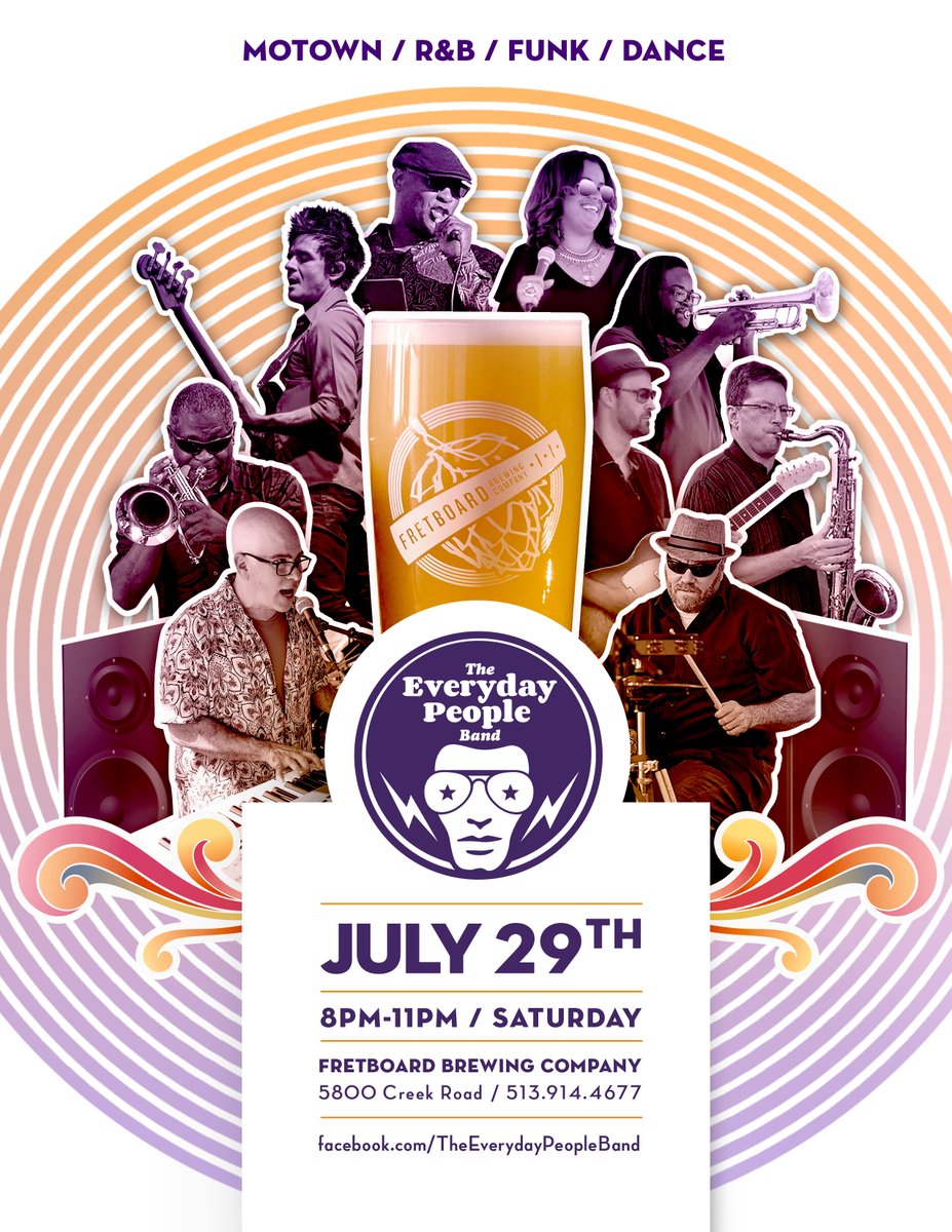 8pm <a href="/FretboardBrewCo/">Fretboard Brewing Company</a> Blue Ash! We'll crank up the the a.c., funky tunes, tasty brews, and good times!

#anniversarycelebration #bandforhire  #corporateevents #danceband #funkmusic #livemusic  #MotownMusic #partyband #popmusic #SpecialEvents #theeverydaypeopleband #weddingband