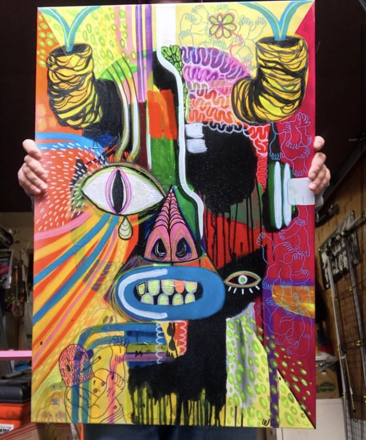 WoodenCyclops's tweet photo. Here’s a painting I did a few years back titled “Gordon Cooper” he was a U.S astronaut among other things who had claimed the U.S was hiding evidence of Aliens until he died -SOLD #woodencyclops #draweveryday #ilovetodraw #artist #characterart #wtfdididrawlastnight #neoexpressionist #surreal #abstractart #nftart #emergingartist #wesleyjamesart