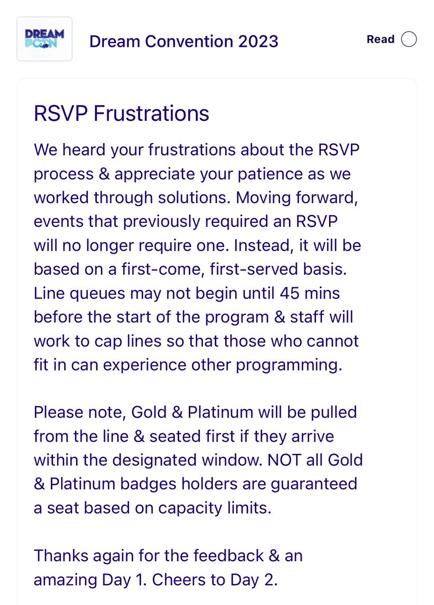 dreamconvention's tweet photo. Yeah, we saw the tweets. 

We promised we had your backs and we hope that this helps. 

Remember to download the app so that you’re in the loop for all notifications. Our app has the most up to date information, including room locations. Day 2, we here! https://t.co/gFXGeDtyfY