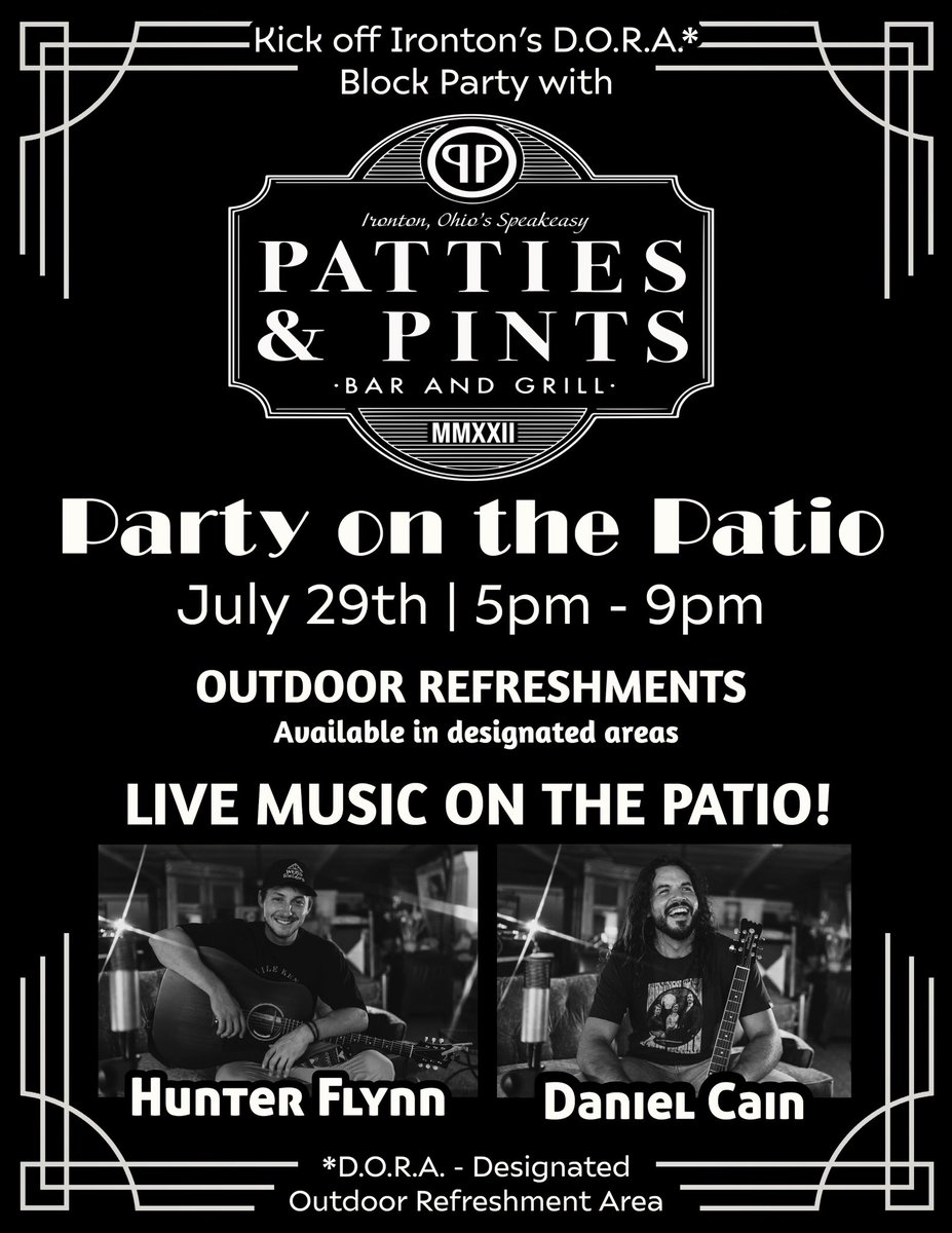 Excited to announce that Downtown Ironton is now a Designated Outdoor Refreshment Area (DORA) district! 

And…

Patties &amp; Pints is kicking off their party on the patio series this evening at 5:00!

Come and enjoy the entertainment!

For more info visit: 
Irontonohio.org/DORA