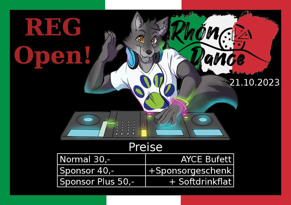 2Pfoten's tweet photo. Iniziamo!
Die Reg für den Rhöndance 3: Bella Italia ist offen!
Folgt einfach diesem Link: https://t.co/MPmZeyblhf

Und was wäre eine Regöffnung ohne eine weitere Ankündigung:
Ihr warst schon auf vielen
#furry #dance #party #event #furrycommunity #furryfriends #furrydance https://t.co/OrNOqVXhjL