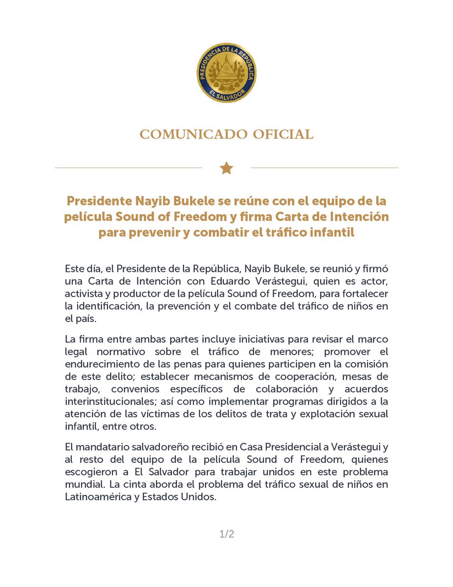 PresidenciaSV's tweet photo. El Gobierno de El Salvador se convierte en el primero con el que el activista de derechos humanos, productor y actor @EVerastegui firma una Carta de Intención para implementar mecanismos de trabajo para el fortalecimiento de la identificación, la prevención y erradicación del tráfico infantil.

#SoundOfFreedom