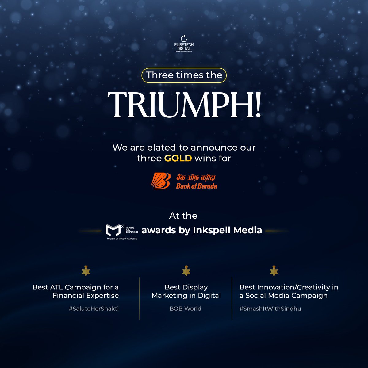 PuretechDigital's tweet photo. We've discovered a treasure trove of success. 🏆

A huge shoutout to our amazing team and @BankOfBaroda &amp; @Inkspell,  Who contributed to this triumph🌟

#PuretechDigital  #DigitalMarketing #BFSI #DisplayMarketing #SaluteHerShakti #SmashItWithSindhu #SocialMedia #Inkspell #MCube https://t.co/dFmRQO6ADS