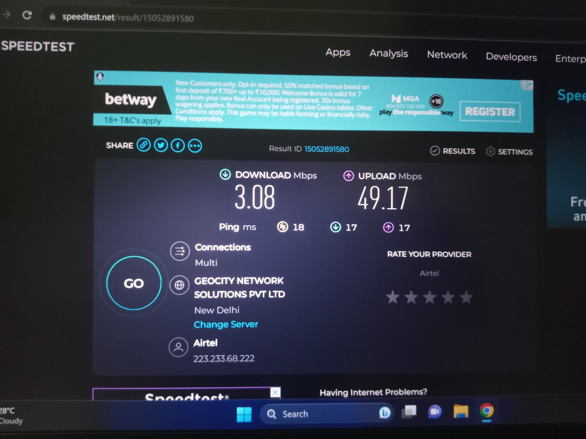 ImPawan9's tweet photo. Facing slow speed problem in last few days in Airtel Xtreme fiber please fix it @airtelindia please sent an engineer and fix it ASAP it's really annoying download speed is very slow as you can see it https://t.co/yonThYG684