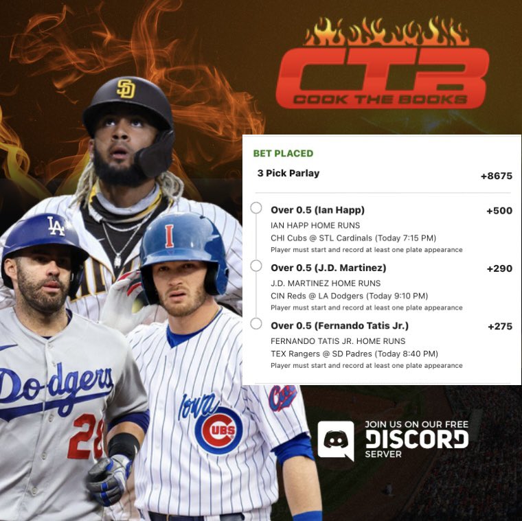 CookTheBooks12's tweet photo. 💣 Dinger Parlay (+8675) @CookTheBooks12 

🌟 (CHC) Ian Happ
🌟 (LAD) JD Martinez 
🌟 (SD) Fernando Tatis Jr

I’m giving away $200 to 3 people if this hits! ❤️ and RT to be entered

Join our FREE Discord to get more plays like this⬇️
https://t.co/GUMoXEsVA2

#GamblingTwitter https://t.co/YTuSJVpMPD