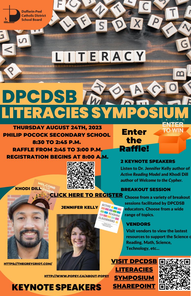 2023 DPCDSB Literacies Symposium is fast approaching! Join us on Thursday August 24, 2023 at Philip Pocock to listen to Dr. Jennifer Kelly and Khodi Dill as keynote speakers and participate in amazing breakout sessions. Register now! docs.google.com/forms/d/e/1FAI…