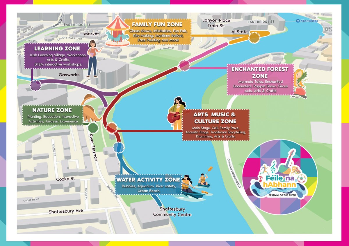 📍 FESTIVAL MAP 🗺 All along the river from Shaftesbury Centre (Lwr Ormeau) to the All-State building (beside train station) the Lagan Walkway will be animated with tons of activities, providing entertainment, education and enchantment for all the family🎪 🐍🧜‍♀️🛶🎸