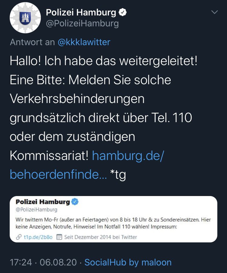 lebenswerteCity's tweet image. Verkehrsbehinderung an 110 gemeldet. Polizist entscheidet aus der Ferne: Wenn man noch dran vorbei kommt liegt keine Behinderung vor und schreibt keinen Einsatz für VKB auf Geh und Radweg. Bricht dann das Gespräch ab und legt auf. 

#StVO nix wert. @anjes_tjarks @Stefanie_vBerg