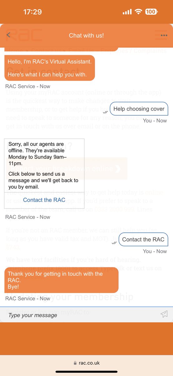 Blood2go's tweet photo. @TheRAC_UK Is it just me or is your contact system getting a little silly now??

No agents logged in on a busy Saturday afternoon?? https://t.co/Scdbugot2U