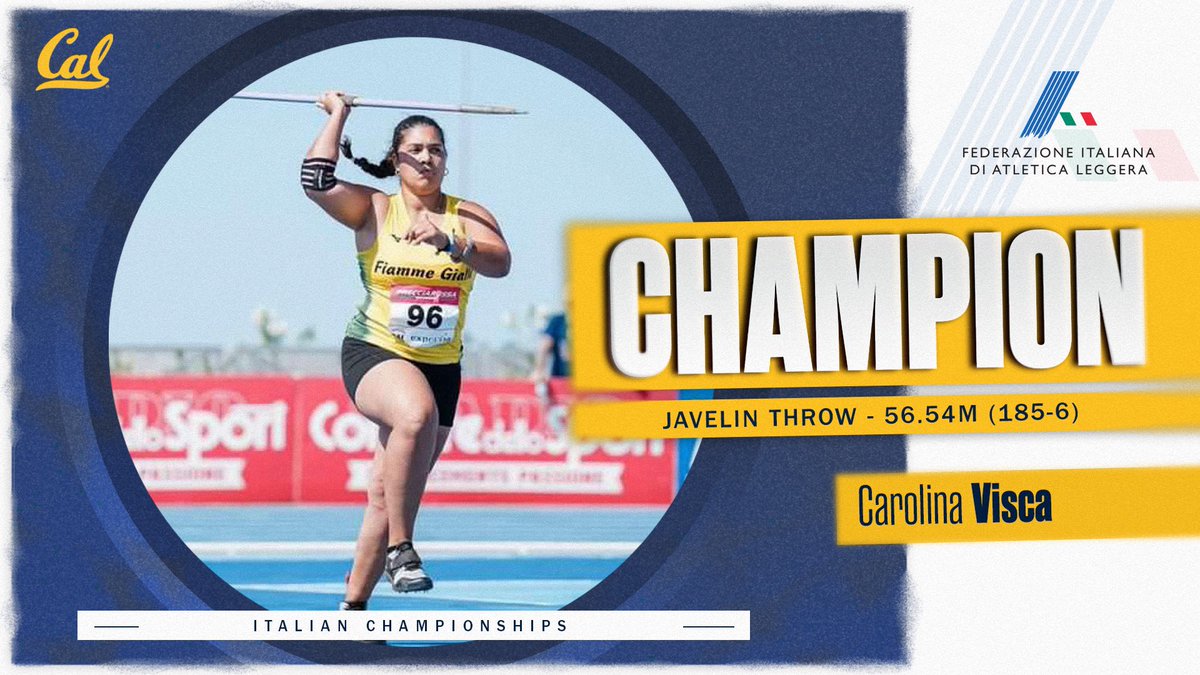 CalTFXC's tweet photo. ๐ฅ ๐ช๐ฏ๐จ๐ด๐ท๐ฐ๐ถ๐ต ๐ฅ
Carolina Visca added another Italian title to her collection and improved her own school record with a throw of 56.54m (185-6) at the Italian Championships today!!
#GoBears๐ป https://t.co/yl6ZVFOSV0