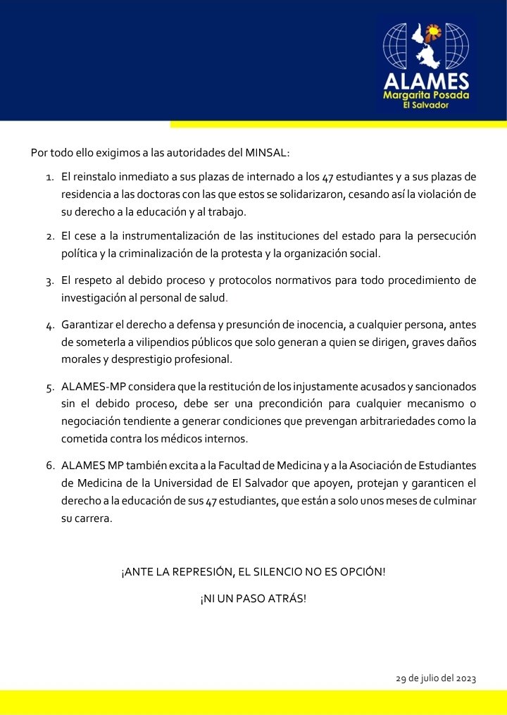 ALAMES-Margarita Posada denuncia y repudia la represión de las autoridades de salud contra el gremio médico, despidiendo sin el debido proceso y de forma autoritaria a 47 estudiantes de medicina, de la Universidad de El Salvador.
<a href="/SaludSV/">Ministerio de Salud</a> <a href="/isss_gob_sv/">ISSS</a> <a href="/nayibbukele/">Nayib Bukele</a> 
#Salud