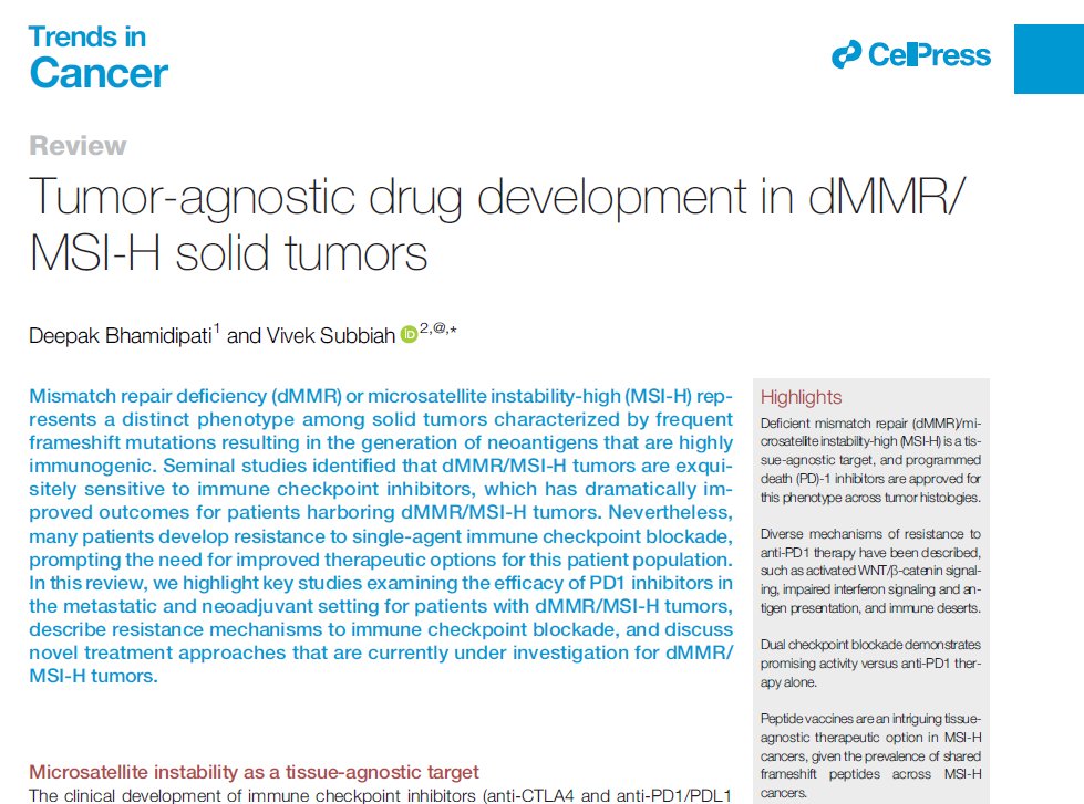 🚨 Hot off the press!  #WeekendReading 
👉 Delighted to share our latest paper on "Tumor-agnostic drug development in dMMR/MSI-H solid tumors" just published in <a href="/TrendsCancer/">Trends in Cancer</a> <a href="/CellPressNews/">Cell Press</a> ! 
👉dMMR/MSI-H = Perfect marriage of genomics &amp; #immunotherapy fields #PrecisionMedicine
