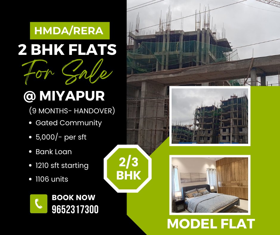 Gated Community Flats for Sale in Miyapur | Hyderabad - Call 9652317300
* HMDA/RERA Approved
* Outright: 5,000/- Per Sft - Bank Loan: 6,000/- Per Sft
* Car Parking Extra
* 1106 Units
* 9 Blocks
* 13 Floors
#gatedcommunity #gatedcommunitylife #gatedcommunityliving