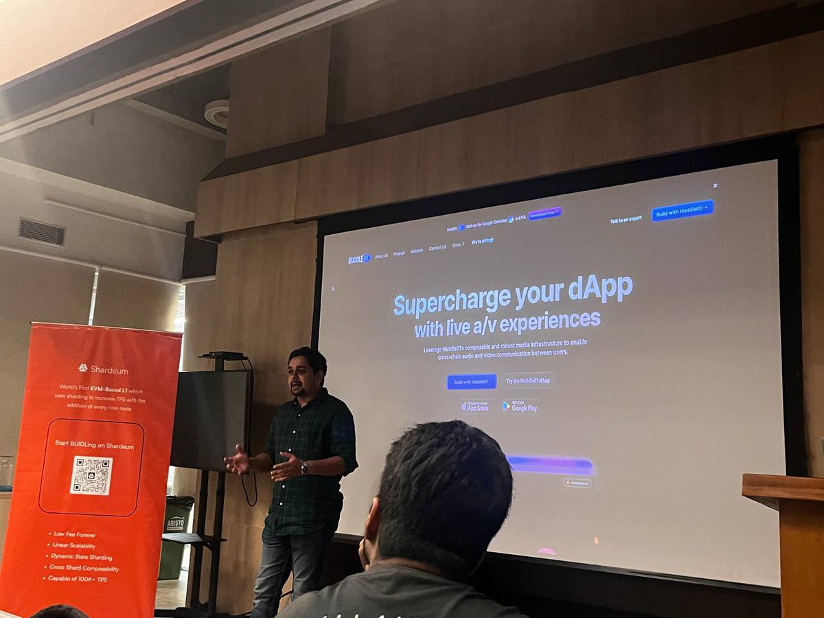 ranjan3118's tweet photo. no better feeling than seeing your teammates excel. 

@pratapyps talking about @huddle01com &amp; the future of communication at @shardeum’s proof of community event. https://t.co/jKY40V2phU