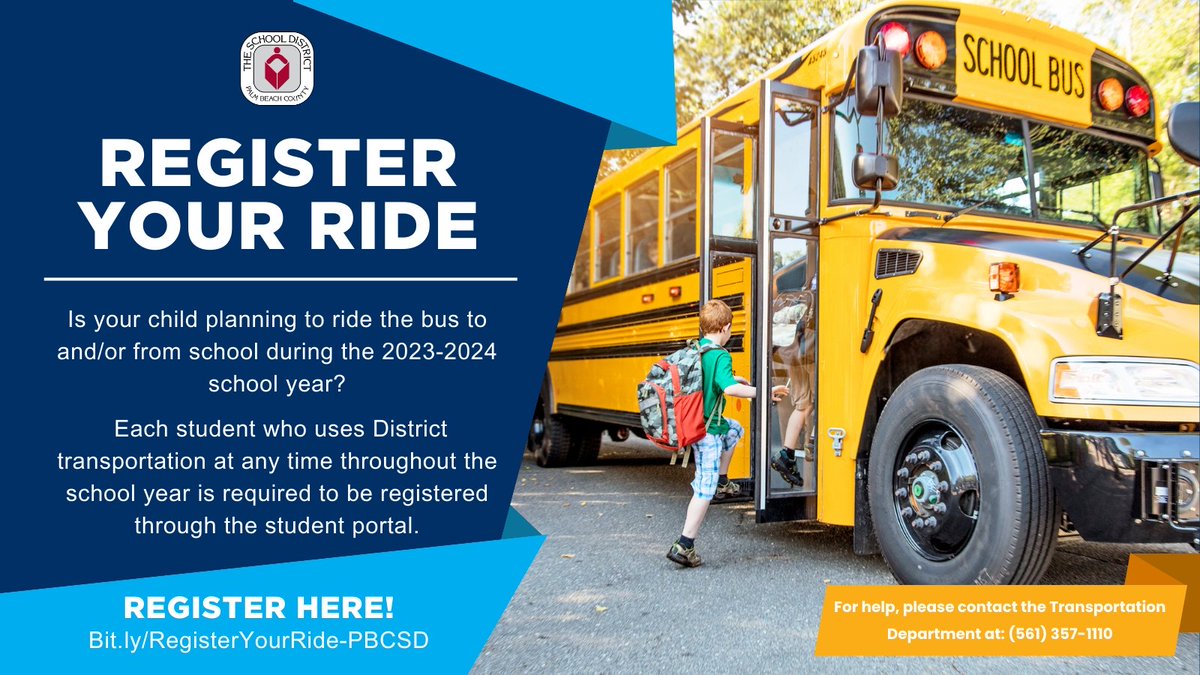 The School District of Palm Beach County (@pbcsd) on Twitter photo 🚍 REGISTER YOUR RIDE! All student bus riders are required to submit registration for District transportation through the online student portal and clicking the “Register Your Ride” icon prior to the beginning of the 2023-2024 school year. Register here: transintranet.palmbeachschools.org/RegisterYourRi… 🚍 REGISTER YOUR RIDE! All student bus riders are required to submit registration for District transportation through the online student portal and clicking the “Register Your Ride” icon prior to the beginning of the 2023-2024 school year. Register here: transintranet.palmbeachschools.org/RegisterYourRi…