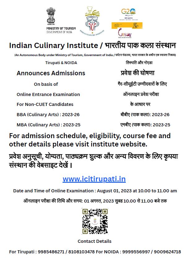 Online Admissions For Non CUET Candidates! Written test on 01/08/2023 at 10-11 am For BBA in Culinary Arts (2023-2026 Batch) and MBA in Culinary Arts (2023-2025 batch)@tourismgoi @AjaybhattBJP4UK @incredibleindia @kishanreddybjp @KishanReddyOfc @PIB_India @shripadynaik