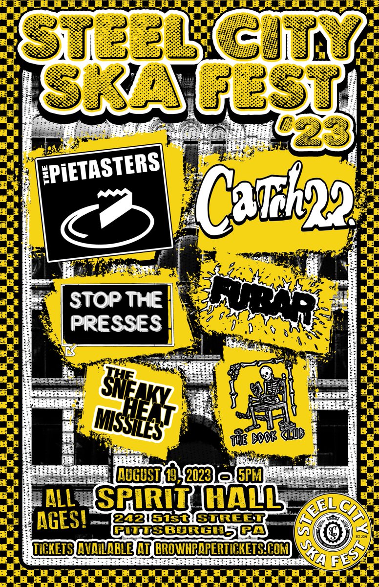 pietasters's tweet image. The Steel City Ska Fest 2023 with @pietasters , @NJCatch22 , @STOPresses and more is coming up in just THREE WEEKS on Sat, August 19th at @spiritpgh in Pittsburgh, PA.  See you there!
Tickets:  …cityskafest2023.brownpapertickets.com
#pietasters #catch22 #stopthepresses #PGH