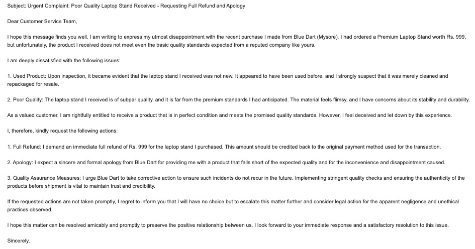 Tibet_Gyaltsen0's tweet image. 🚨 Disappointed with @BlueDart_ @BlueDartCares

Ordered a "Premium Laptop Stand" for Rs. 999, from Mysore but received a used and poor-quality product. 😡 Demand a full refund and apology! #CustomerExperience #PoorQuality #RefundNeeded