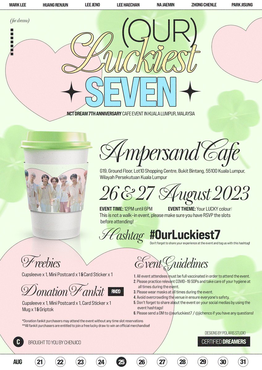ourluckiest7's tweet photo. there’s alot of things i associate with the number 7, but this must’ve been my 𝙡𝙪𝙘𝙠𝙞𝙚𝙨𝙩 one ◡̈ 

🍀 you’re in luck! you’re invited to… 

                🪄 Our Luckiest 7 🧚

❇️ 26 &amp; 27 Aug 2023
💫 Ampersand Café, Lot10 KL 

#NCTDream #OurLuckiest7 https://t.co/s1v7ZW3lhj