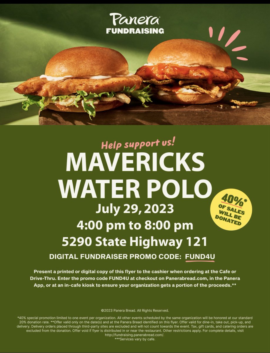 It’s Day 3 of #2023JOs Wear your Mavericks “Top Gun” shirt and cheer on our athletes today! 🖤💛

Plan on having a meal (or two) at Panera Bread in The Colony off 121. In store from 4p-8p. Available ALL DAY ONLINE. Order online and use FUND4U promo code.