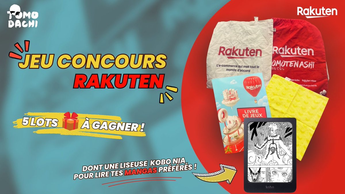 Tomodachi_fr's tweet photo. [CONCOURS] #RAKUTEN  

Tomodachi et @RakutenFrance font gagner 5 CADEAUX 🎁 dont une LISEUSE Kobo pour lire tes mangas préférés 💥 ! 

Pour participer : 

-Follow @Tomodachi_fr 🔥
-Follow @RakutenFrance ✨
-Retweet le post
-Identifie 2 potes

TAS le 20 août ! https://t.co/9kJnB4bzWf