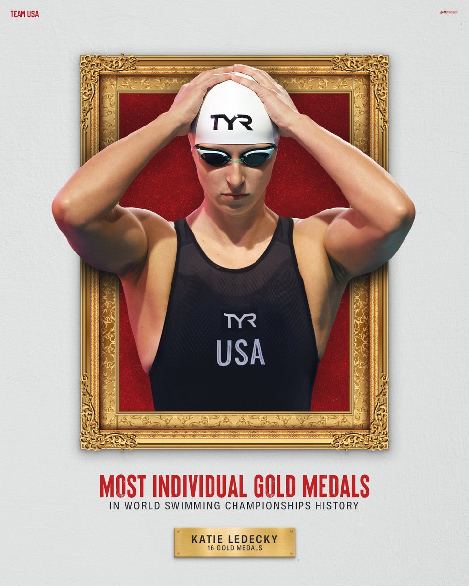 TeamUSA's tweet photo. A masterpiece! 🥇

@katieledecky has now claimed the record for the most individual gold medals in World Swimming Championships history, surpassing Michael Phelps. 

#AQUAFukuoka23 https://t.co/NebEHa3UXp