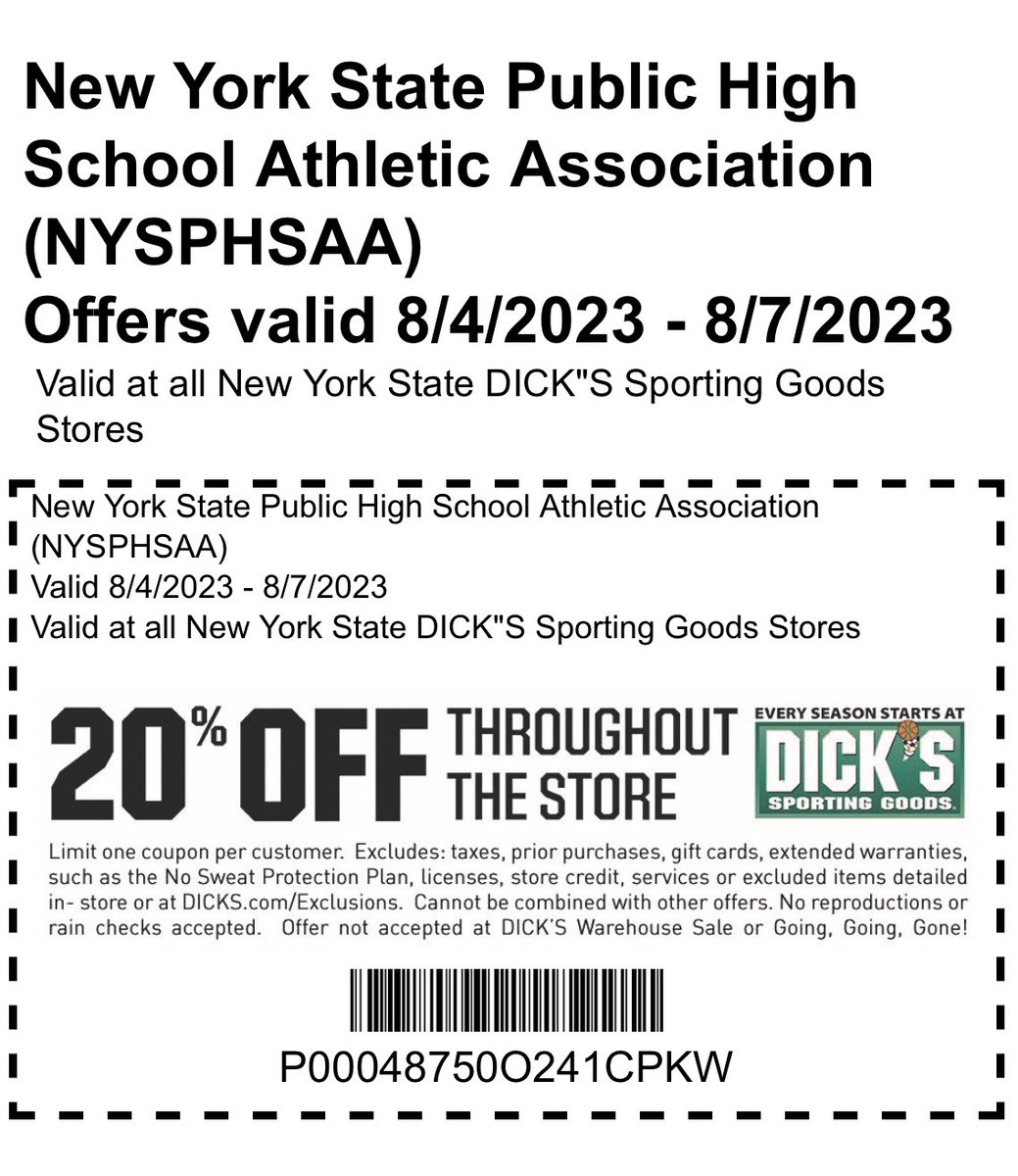 KenTonAthletics's tweet image. Next weekend shop at any New York Dick’s Sporting Goods location for 20% off with this coupon! Offer valid 8/4-8/7.