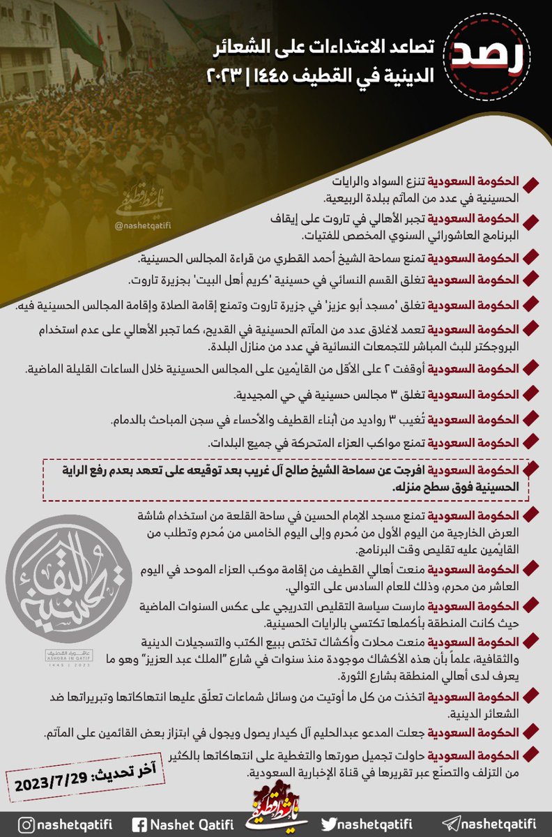 nashetqatifi's tweet photo. 🔴 رصد صادر من حساب ناشط قطيفي يوثق اعتداءات الحكومة السّعودية لأهالي #القطيف منذ أولى ليالي مُحرم ولغاية صدور هذا الرصد‼️

#عاشوراء_القطيف
#حسيني_البقاء https://t.co/ahQkeuzq4R