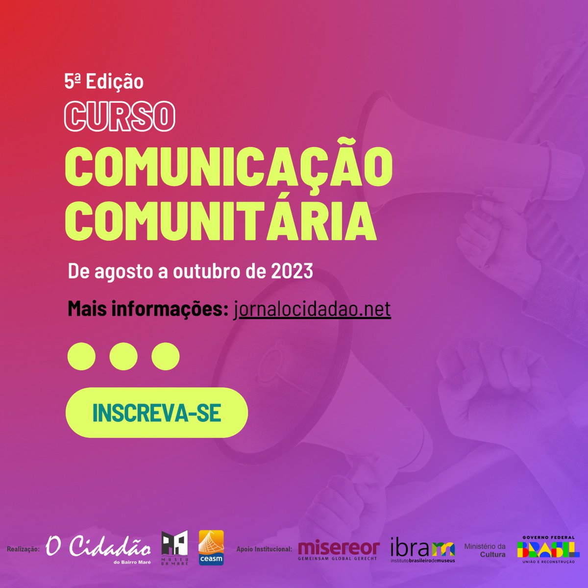 Inscrições abertas para nosso curso! Vai rolar de agosto a outubro, aos sábados, na Maré, totalmente de graça! 
#comunicaçãopopular #comunicaçãocomunitária
forms.gle/iXy4Xdg744sfJu…