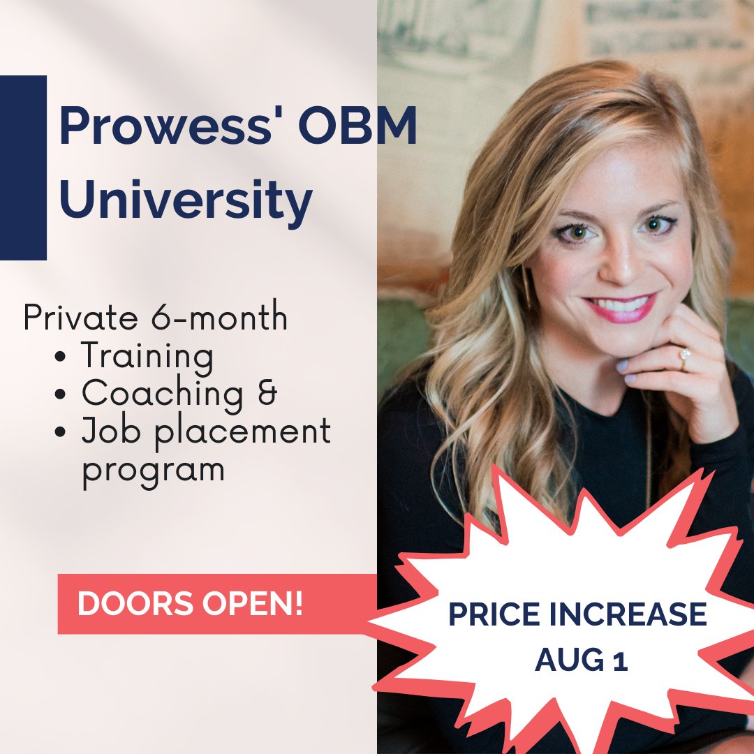 Last chance to register before the price increase! 
OBM University, the 6-month training, coaching and job-placement program is GOING UP on August 1!
ow.ly/gf9050PnSEZ 

#OBM #onlinebusinessmanager #successstories #obmtips #operationsjobs #remotework #remotejobs