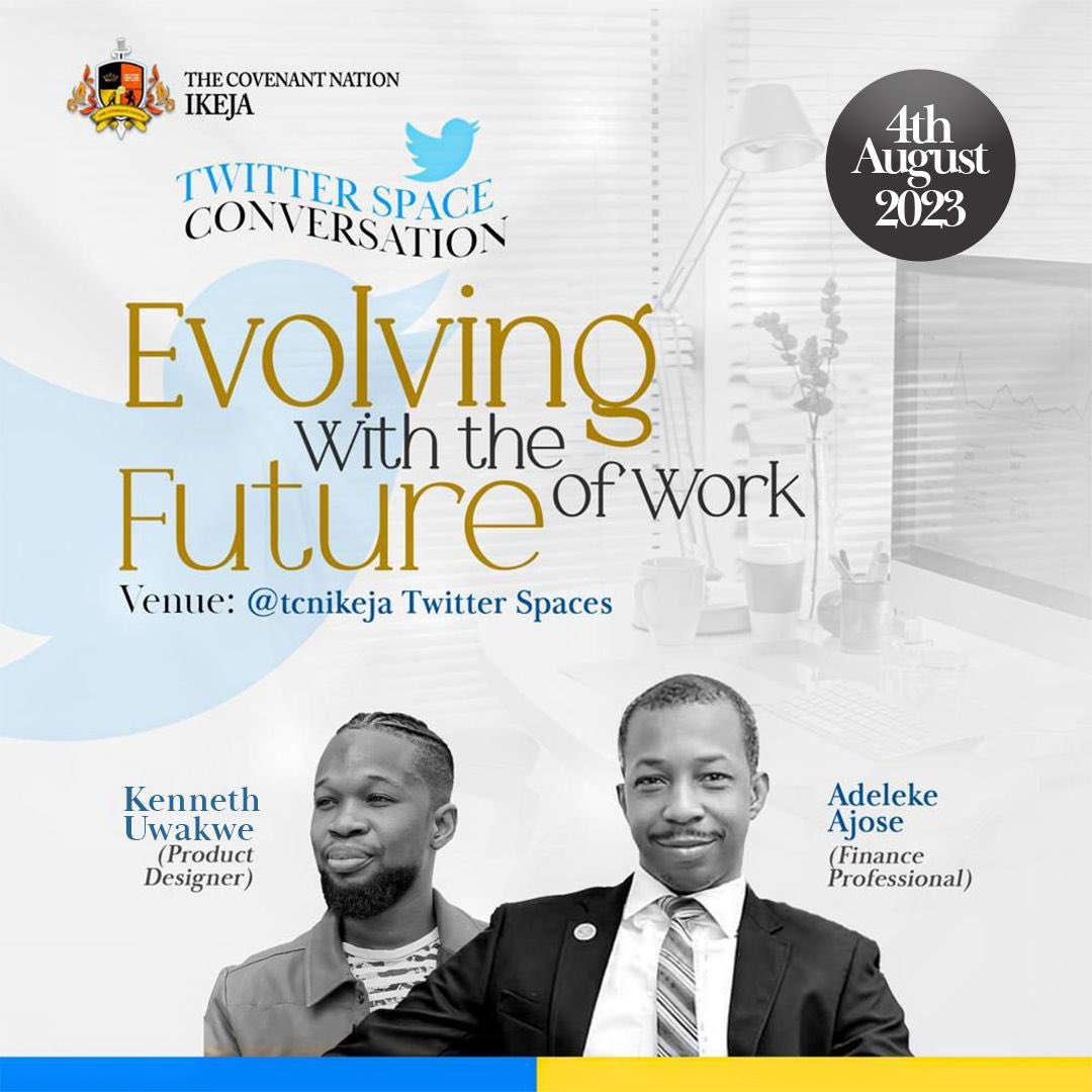 In this rapidly evolving era, the future of work holds endless possibilities. 

How can we position ourselves to embrace this rapidly evolving reality? 

Join us August 4th on Twitter spaces as <a href="/Lekeajose/">Adeleke Ajose</a> and <a href="/LushGrin/">Kenneth Uwakwe</a> shed more light on this topic. 

#FutureofWork #Innovation