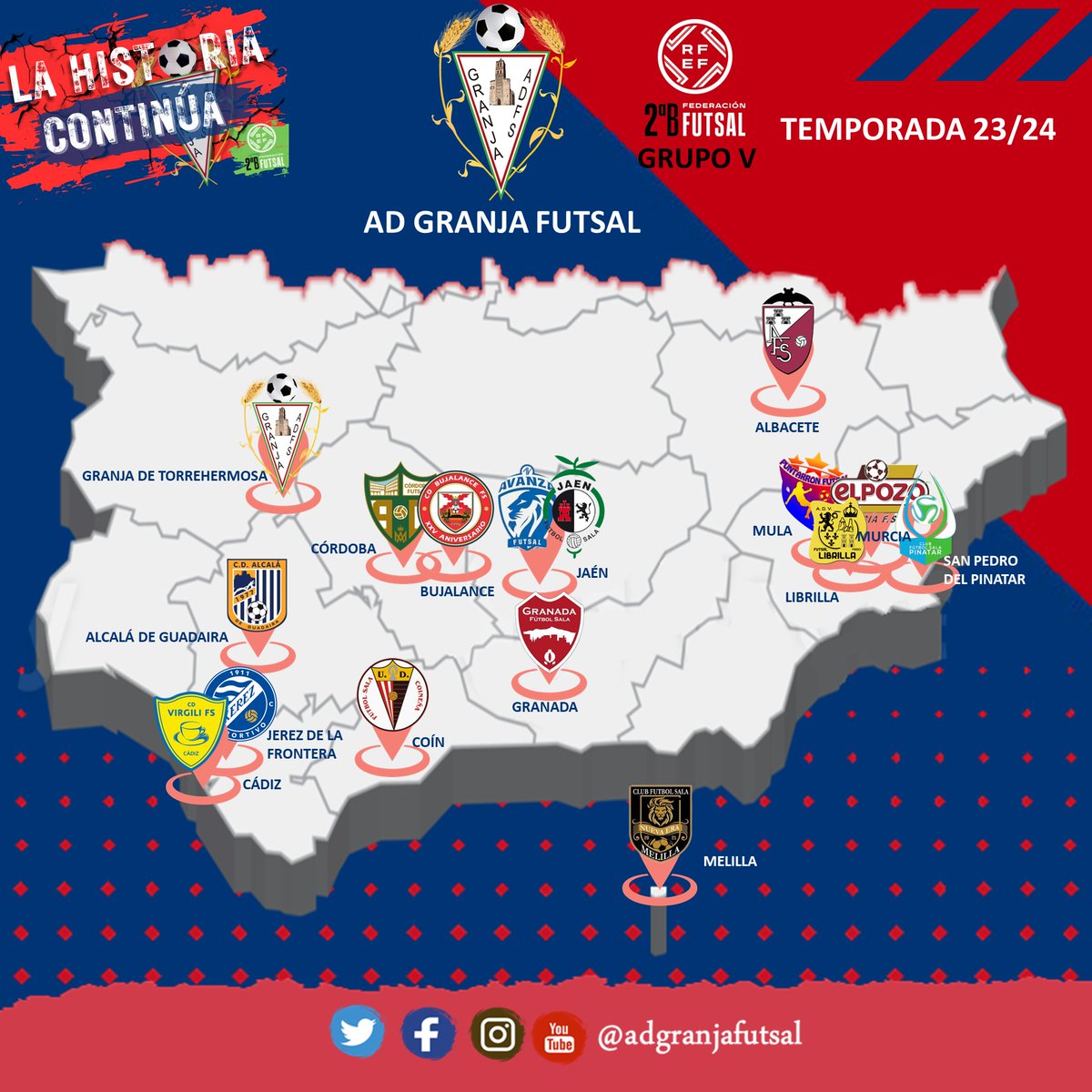 Estos serán los rivales en nuestro estreno en 2ª B. Jugaremos en el grupo V, un grupo muy atractivo a la vez que complicado, en el que visitaremos grandes ciudades y del que disfrutaremos en cada partido representando a Granja de Torrehermosa y a Extremadura.
#LaHistoriaContinúa