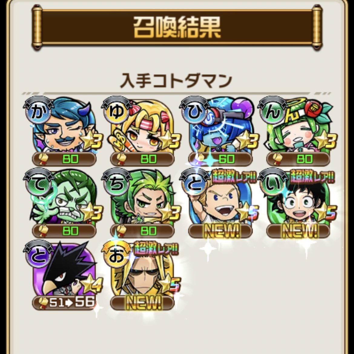 ヒロアカコラボ万歳！！
まさかのⅠピックアップ①にて
神引きさせて頂いた！
ピックアップ全キャラはやばい！
これは嬉しすぎるので、
ヒロアカコラボ頑張る( ´ ▽ ` )

 #ヒロアカがコトダマンに来た