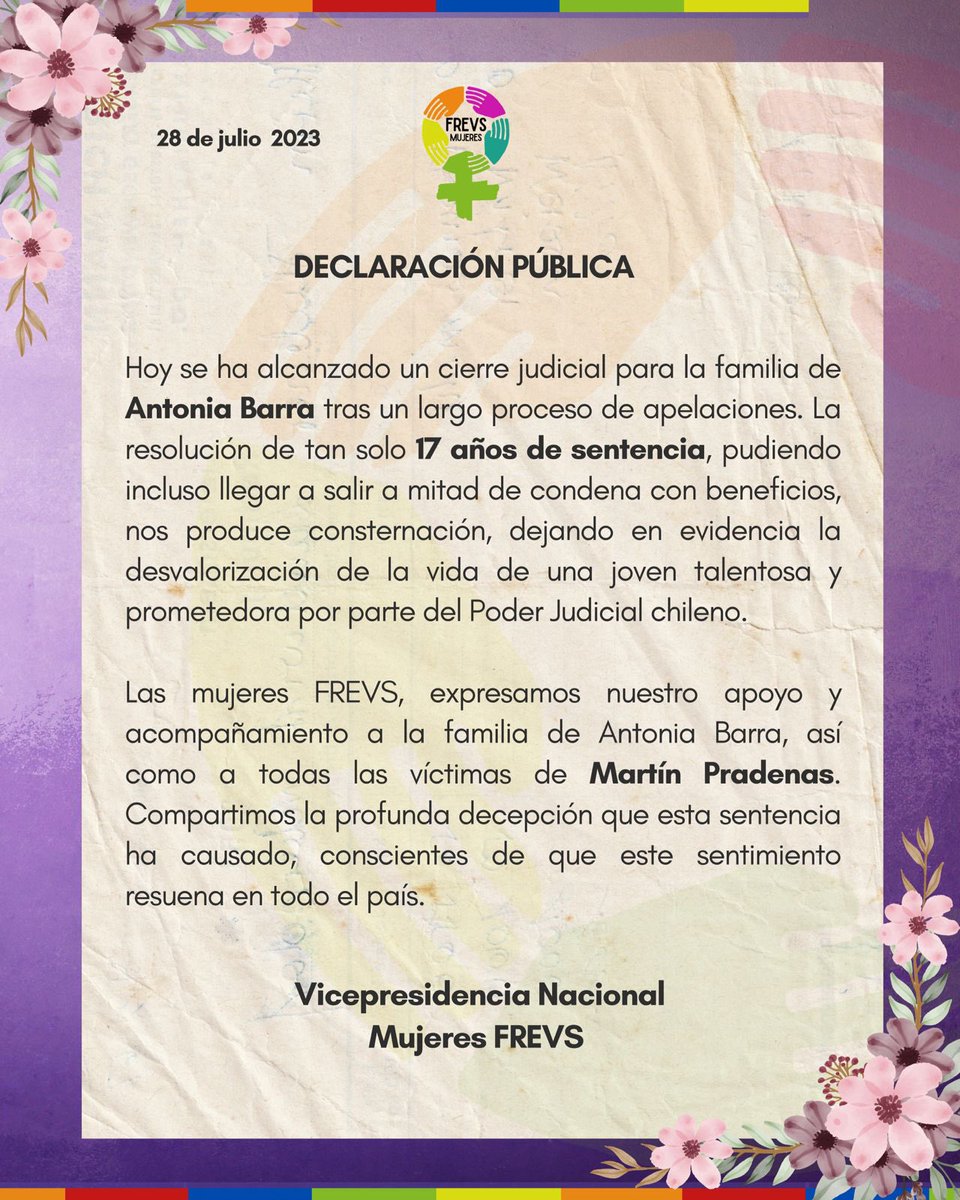 RegVerdesIX's tweet photo. 📣Declaración pública sobre sentencia del Violador Martin Pradenas ✊🏼💜

#declaraciónpública #martinpradenasviolador #antoniabarra #justiciaparaantonia #mujeresfrevs #mujeresregionalistasverdes #justiciaparatodas https://t.co/xQ95x1txwk