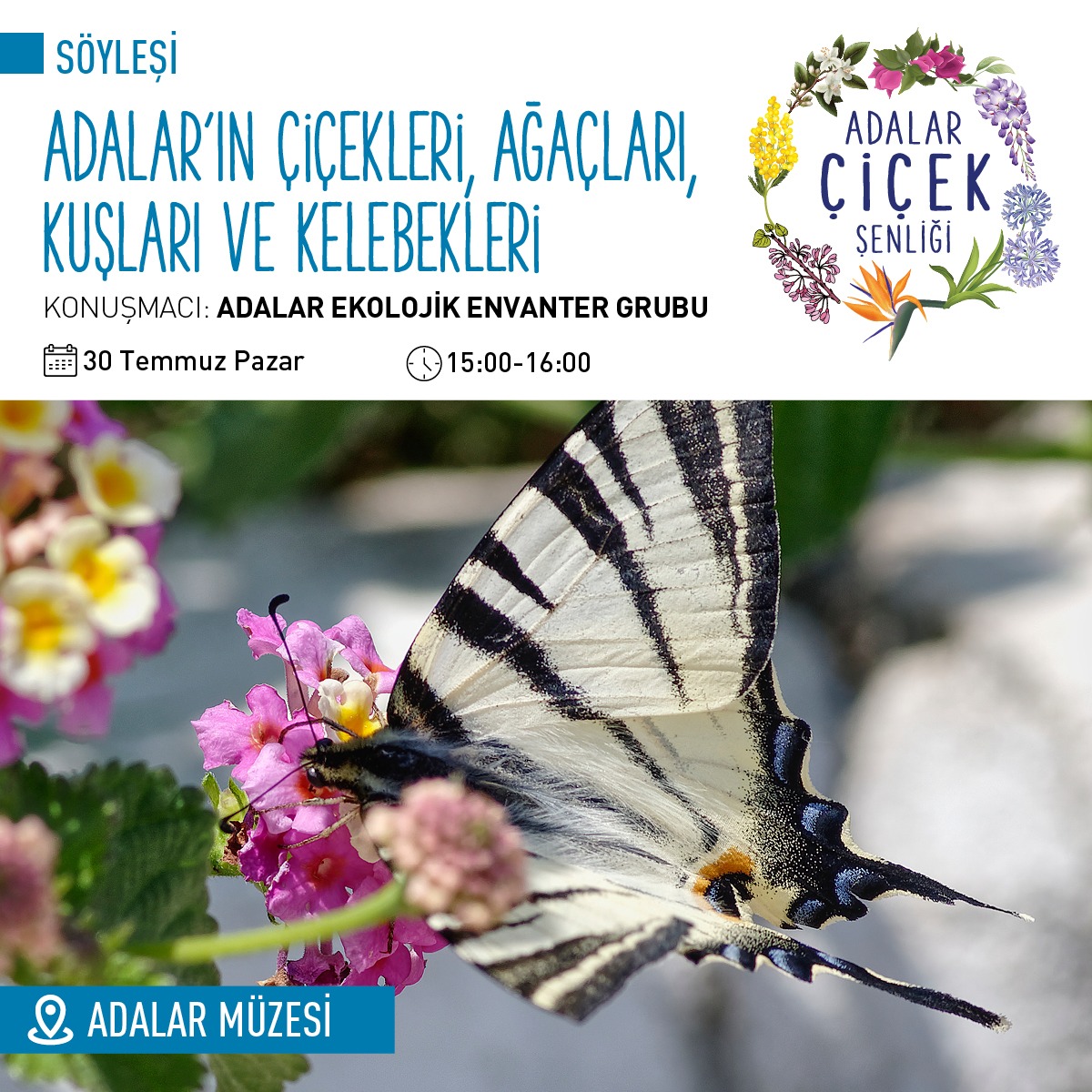 30 Temmuz Pazar günü saat 15-16 arasında Adalar Çiçek Festivali kapsamında Adalar'ın çiçekleri, ağaçları, kuşları, canlı yaşamıyla ilgili 2016'dan bu yana yaptığımız gözlemleri ve deneyimleri paylaşacağız. Adalar'daki biyolojik çeşitliliği konuşmak isteyen dostlarımızı bekleriz