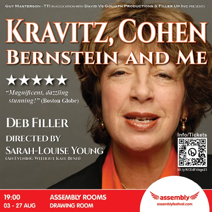 debfiller's tweet photo. You can find Kravitz, Cohen, Bernstein and Me in the Assembly Rooms (Drawing Room) throughout August.  

19:00 Venue 20 #edfringe23 

https://t.co/yH72p3CfoQ https://t.co/q6RxCN4KGK