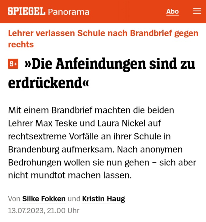 Max e Laura vengono minacciati in pubblico "andate via", la polizia dispone la vigilanza notturna davanti alle abitazioni.
Stanchi e stremati, la scorsa settimana i due insegnanti decidono di lasciare la scuola e la città. "Temiamo per la nostra incolumità" dicono. 👇