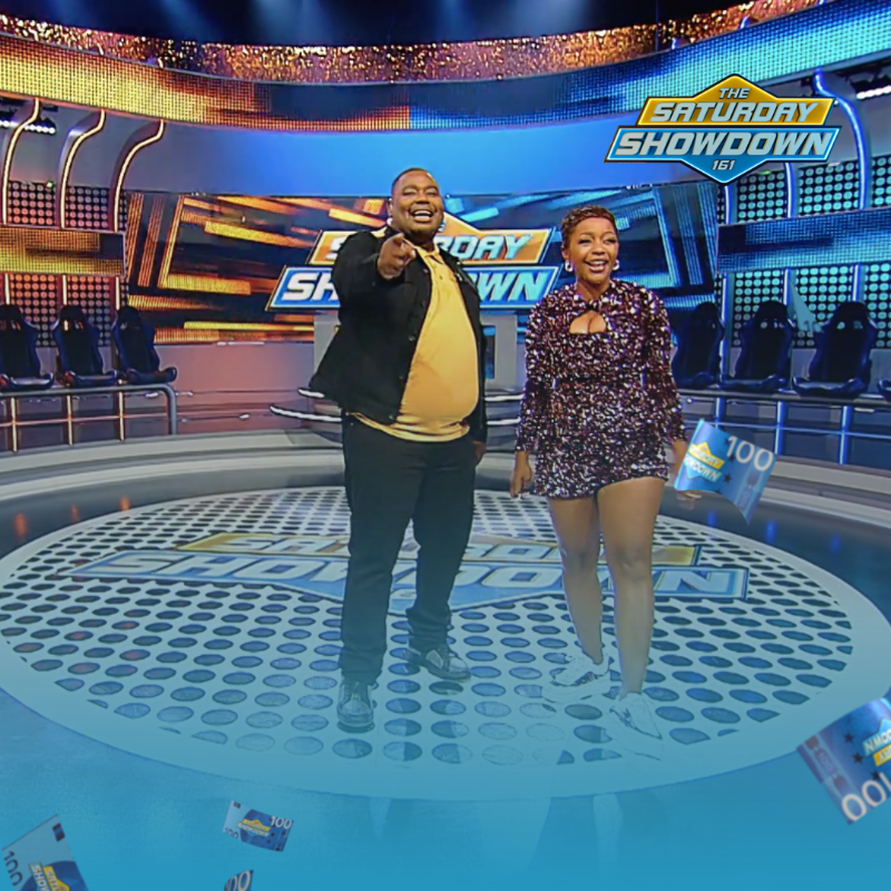 Mzansimagic's tweet photo. Jonga, when @thatomoeng and @felixhlophe show up like this, just know uk'ba i’serious le way. It’s the #SaturdayShowdown grand finale in one hour! Are you Team #BLT or #FireFairies?