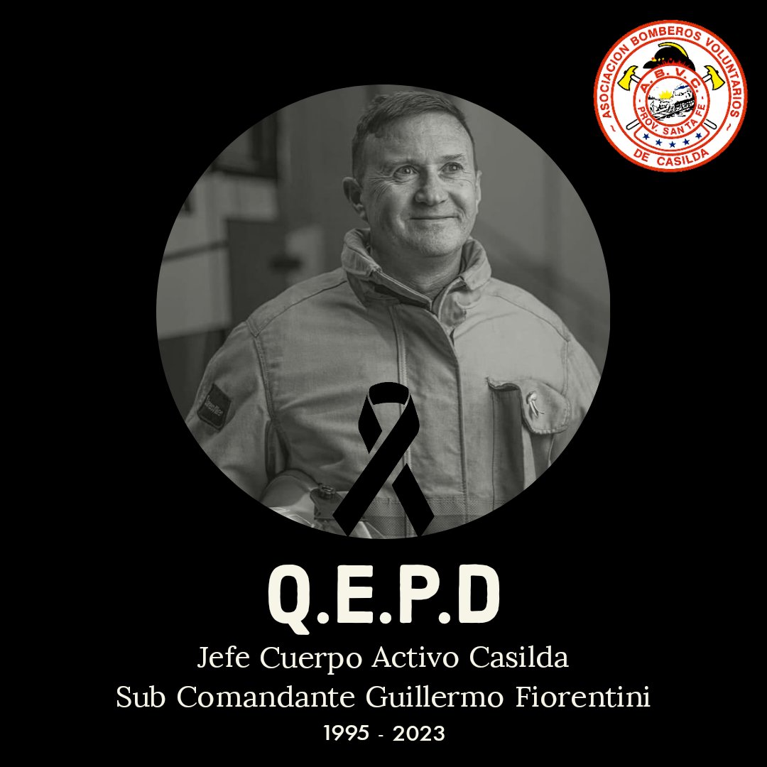 Con profunda tristeza y dolor, lamentamos informar, el fallecimiento del Jefe del Cuerpo Activo de Casilda, Sub Comandante Guillermo Fiorentini.
 
Hacemos llegar nuestras más sinceras condolencias a familiares, amigos, y a todo nuestro personal de la Institución.