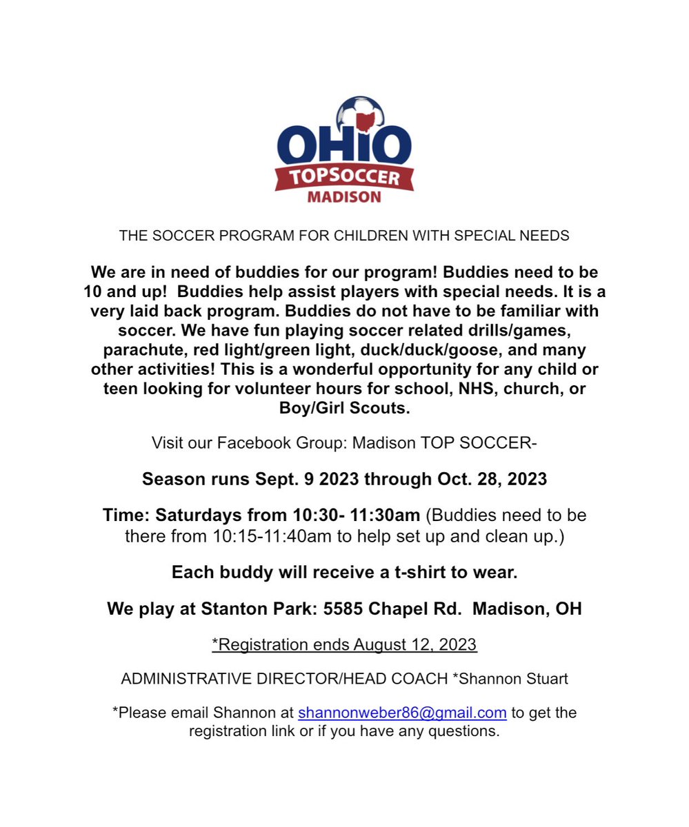 Mrs_Stuart_NES's tweet photo. Hi. I am looking for more buddies for our TOPS soccer program in Madison. It is an amazing program. No soccer experience needed. This is a great opportunity for anyone who needs volunteer hours for Girl/Boy Scouts, NHS, church, or school. Please email if interested. https://t.co/Yg142RxJwB