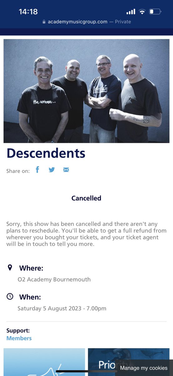 c0c0nutsharks13's tweet photo. @TicketWebUK Descendents gig cancelled, and not likely to reschedule according to o2 Bournemouth, how do I go about refunds? https://t.co/p7agKk2W2t