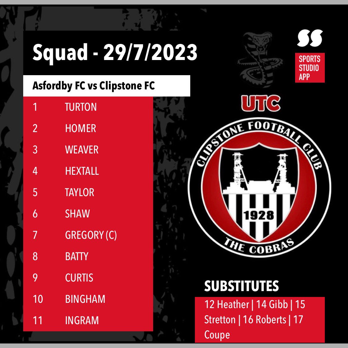 ClipstoneFC1's tweet photo. Today’s team to take on Asfordby FC…

New singing Shaw gets his first start, Curtis and Taylor return to the club and starting 11… match updates to follow. COME ON YOU COBRAS! 🐍 https://t.co/JMyyVfQLn4