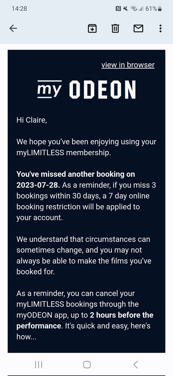 Mrs_H_2019's tweet photo. @ODEONCinemas - sick of getting emails saying I've missed bookings &amp; my bookings will be restricted....the 2 bookings I apparently missed I actually went too just didnt have my ticket scanned as the staff were too busy talking to each other than actually helping customers! https://t.co/oYjaWY81ZV
