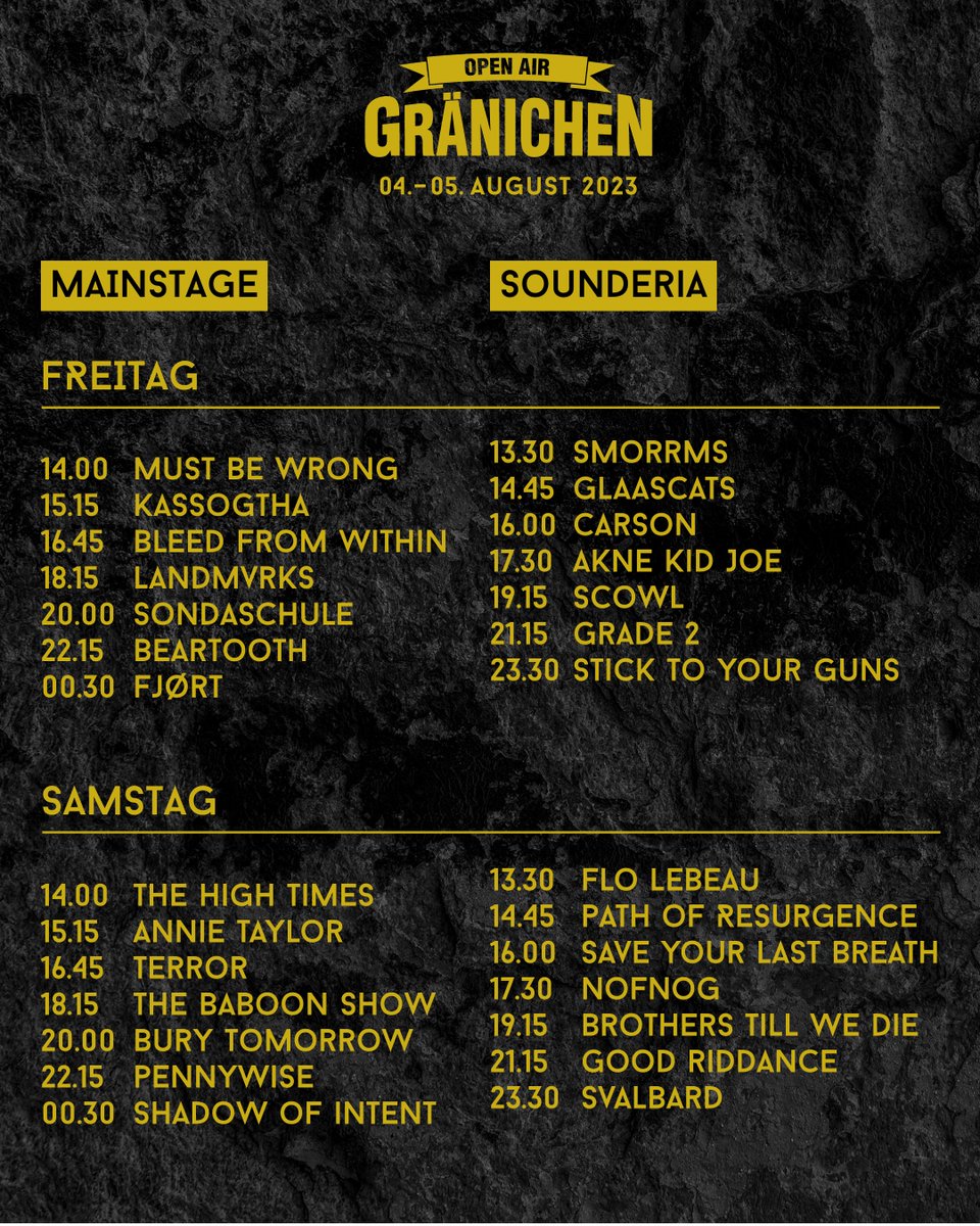 Hier der Spielplan für das Open Air Gränichen für nächste Woche! OAG23 #openairgraenichen