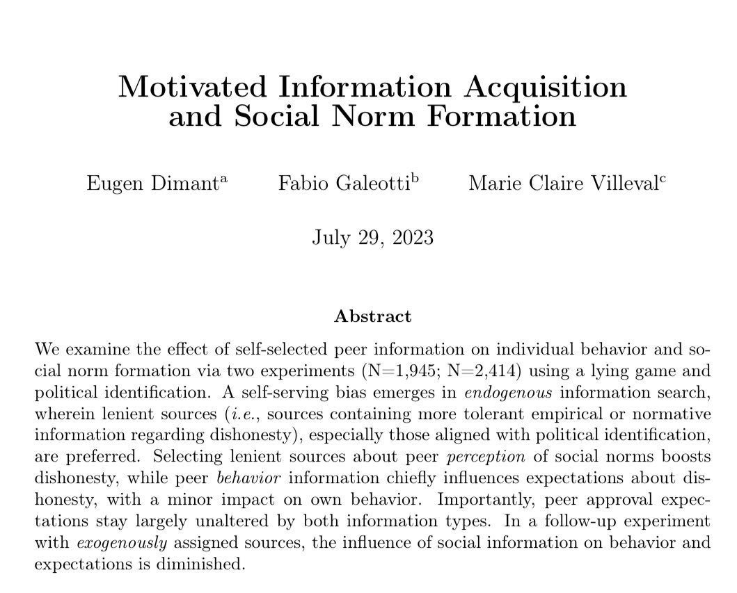 Eugen Dimant (@eugen_dimant) on Twitter photo 🧨New Preprint🧨
<a href="/_FabioGaleotti_/">Fabio Galeotti</a>, Marie Claire Villeval & I study how social norms form through motivated information search
We find strong evidence for self-serving biases: preference for lenient views about dishonesty begets dishonesty & bad norms
🔗 papers.ssrn.com/abstract=45253… 🧨New Preprint🧨
<a href="/_FabioGaleotti_/">Fabio Galeotti</a>, Marie Claire Villeval & I study how social norms form through motivated information search
We find strong evidence for self-serving biases: preference for lenient views about dishonesty begets dishonesty & bad norms
🔗 papers.ssrn.com/abstract=45253…