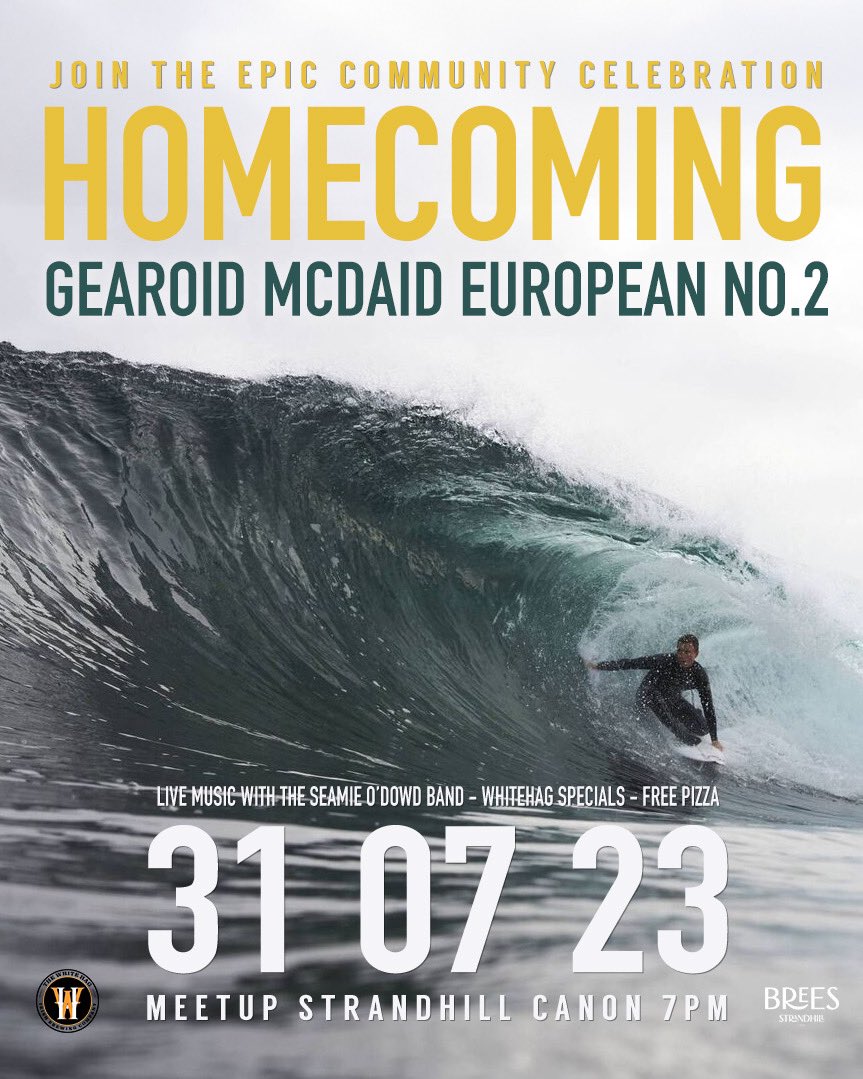 Join us for the Homecoming party for Gearoid McDaid this Monday. 

Meet at the canon at 7pm Monday 31st. 

Followed by a party in Brees with some celebratory drinks courtesy of our friends <a href="/TheWhiteHag/">The White Hag</a> ,music from the 0’Dowd Band and a whole lot of free pizzas

Spread the word 📢