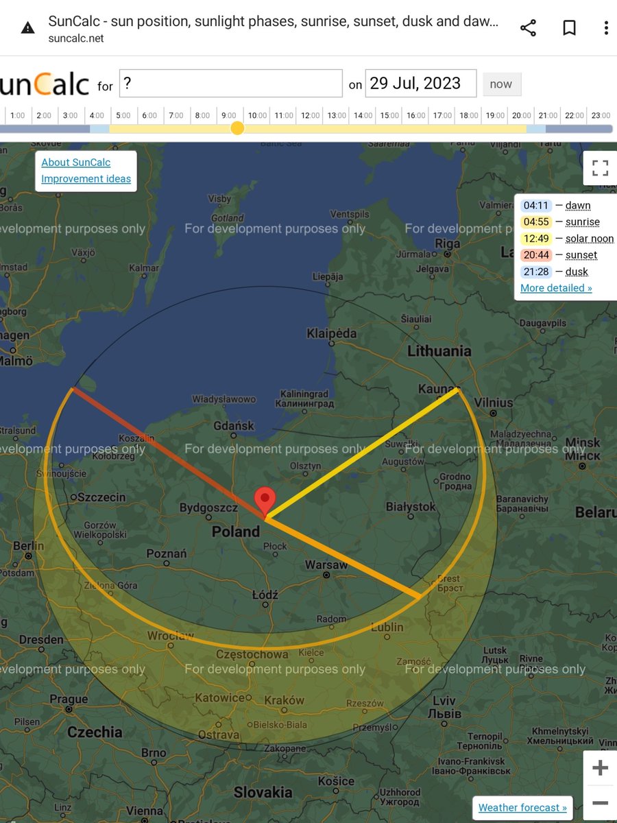 mirek_szczerba's tweet photo. Wiedząc że konwoje z @12Dywizja muszą jechać z zachodu na wschód Polski to wiemy też z aplikacji #Suncalc jak wygląda położenie Słońca w danej chwili a także kąta oraz długości "cienia" dla jadącego obiektu wojskowego.
Ze względu jednak na tajemnicę pokażę Państwu jak wygląda położenie Słońca względem Polski na godziny : 6.00, 9.00, 12.00 oraz 19.00 na dzień 29.07.2023.
Teraz tylko wystarczy ustalić w który to był dzień,  przybliżyć tą mapę dla rejonu np Łomży , zmierzyć "cień " a znając jego kierunek wzgl Słońca , można obliczyć z dość dobrą dokładnością o której godzinie był przejazd p. Błaszczak @mblaszczak! 
To tyle jeśli chodzi o polityka  którego zrobiono "ministrem" i dowódców chwalących się przejazdem kolumn wojsk. 
A ja jestem tylko zwykłym researcherem mającym do dyspozycji fakt - "operacyjną" wiedzę /bo nie wolno więcej nic ujawniać/   i narzędzia #OSINT.....
#BezpiecznePodlasie #BiałyWywiad #OSINT #wieszwięcej #Jedziemy