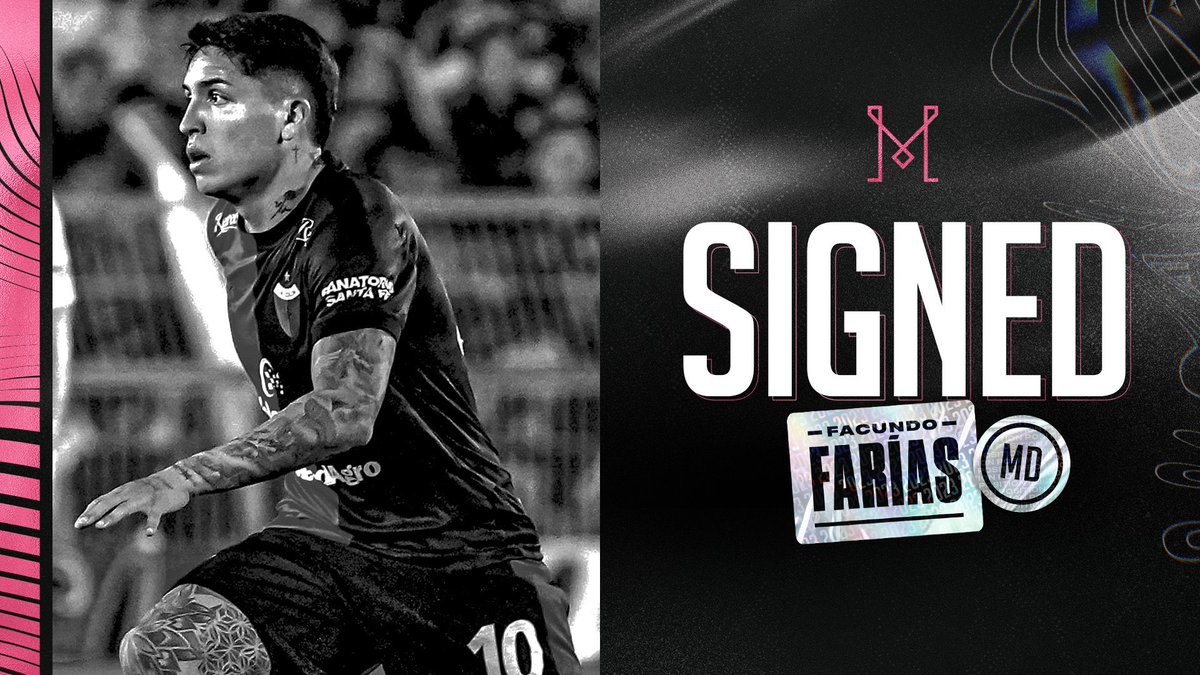 sellamasoccer's tweet photo. OFICIAL: #InterMiamiCF anuncia el fichaje de Facundo Farías (20). El mediocampista argentino 🇦🇷 llega procedente de CA Colón a cambio de $5,5 millones + $2m bonus. #CAColon también conservará un 20% de futura venta siempre que esa transferencia sea superior a $5,5m+. #MLS https://t.co/qS1Y4Vrb4U