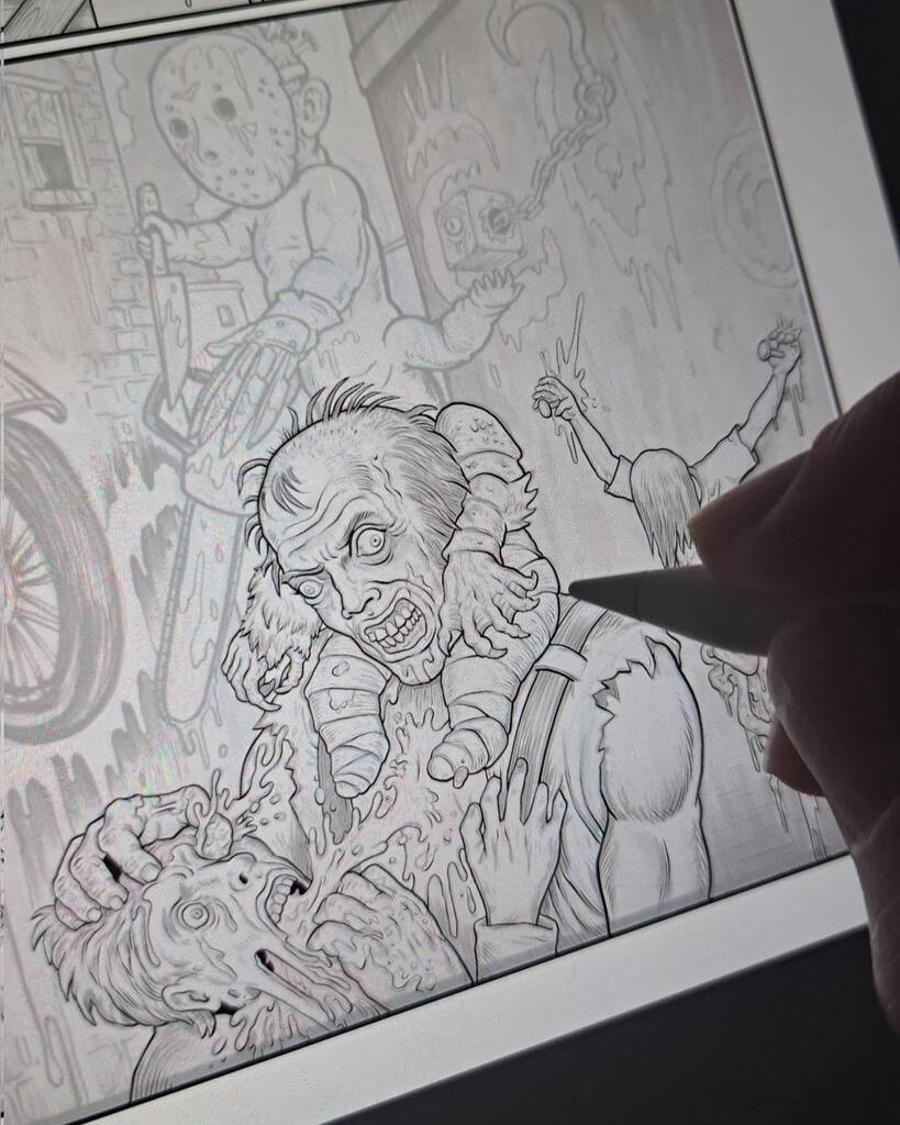 @timmolloyart inking @artistchristopherulrich’s pencils for our 100 page graphic novel “Toddlerpillar Apocalypse, which will be published in 2024. Join the Toddlerpillars email list to be notified when our graphic novel is finished and available. Link in… instagr.am/p/CvSGdPuRffy/